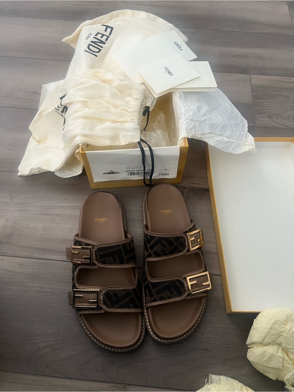 Fendi Brown & Black FF Jacquard Double-Buckle Slides